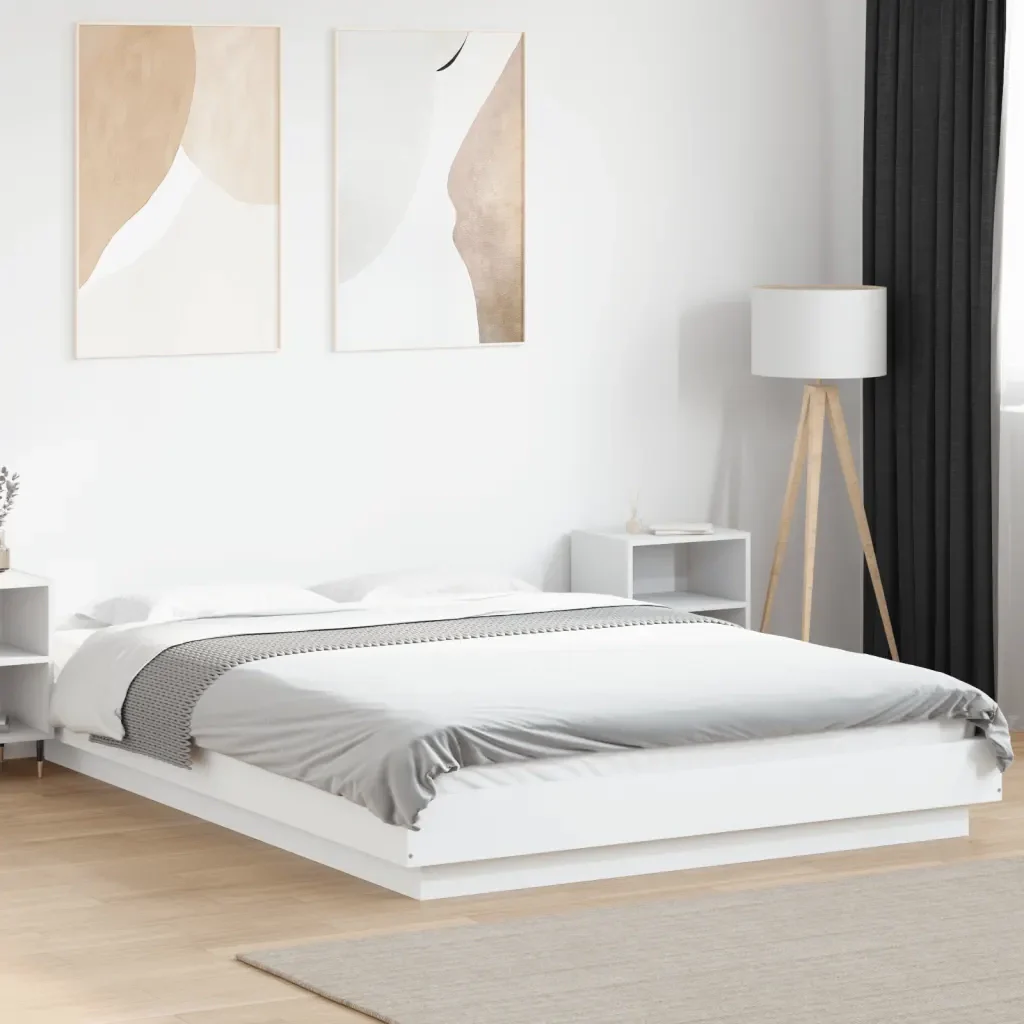 Letto matrimoniale | Letto per adulti | Giroletto con Luci LED Bianco 140x190 cm in Legno Multistrato - Image 2