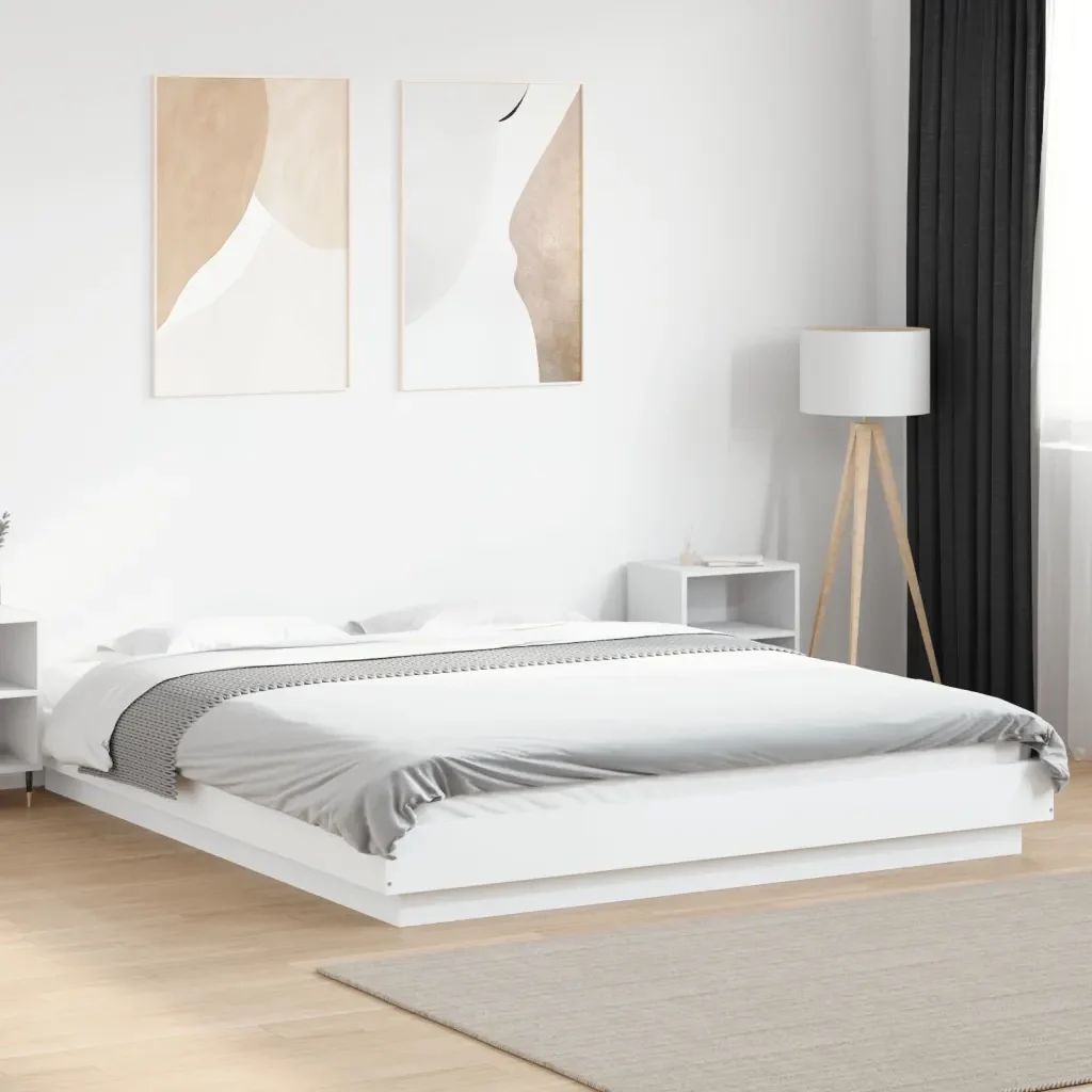 Letto matrimoniale | Letto per adulti | Giroletto con Luci LED Bianco 150x200 cm in Legno Multistrato - Image 2
