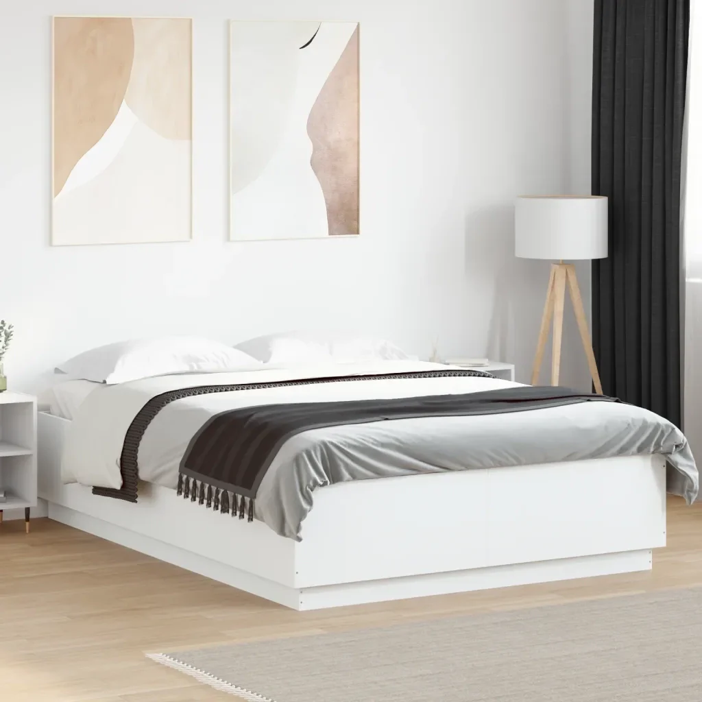 Letto matrimoniale | Letto per adulti | Giroletto con Luci LED Bianco 150x200 cm in Legno Multistrato - Image 2