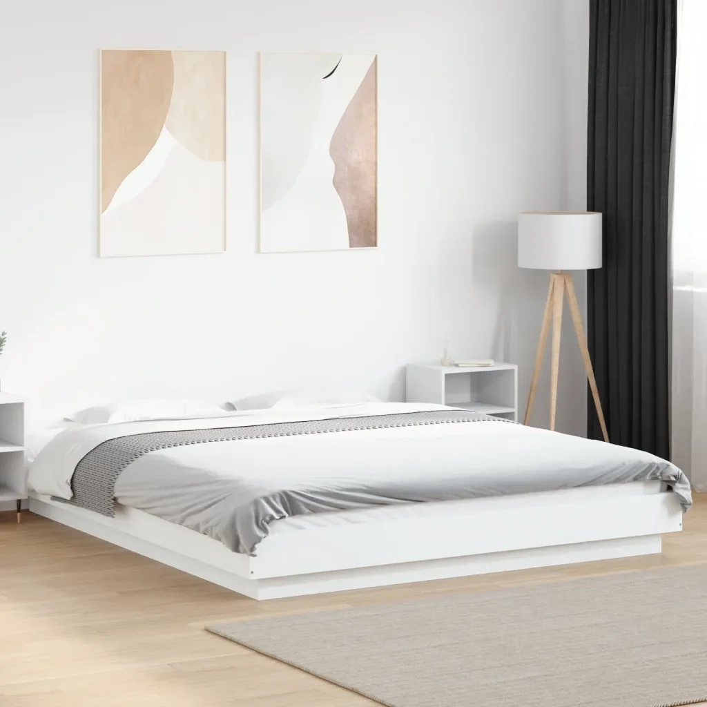 Letto matrimoniale | Letto per adulti | Giroletto con Luci LED Bianco 160x200 cm in Legno Multistrato - Image 2