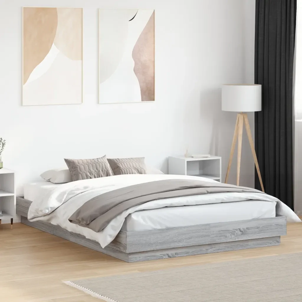 Letto matrimoniale | Letto per adulti | Giroletto con Luci LED Grigio Sonoma 150x200 cm - Image 2