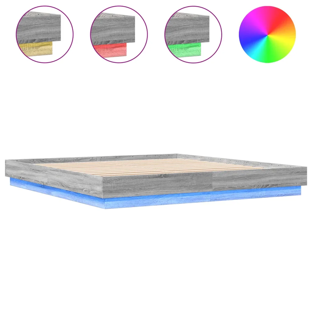 Letto matrimoniale | Letto per adulti | Giroletto con Luci LED Grigio Sonoma 200x200 cm