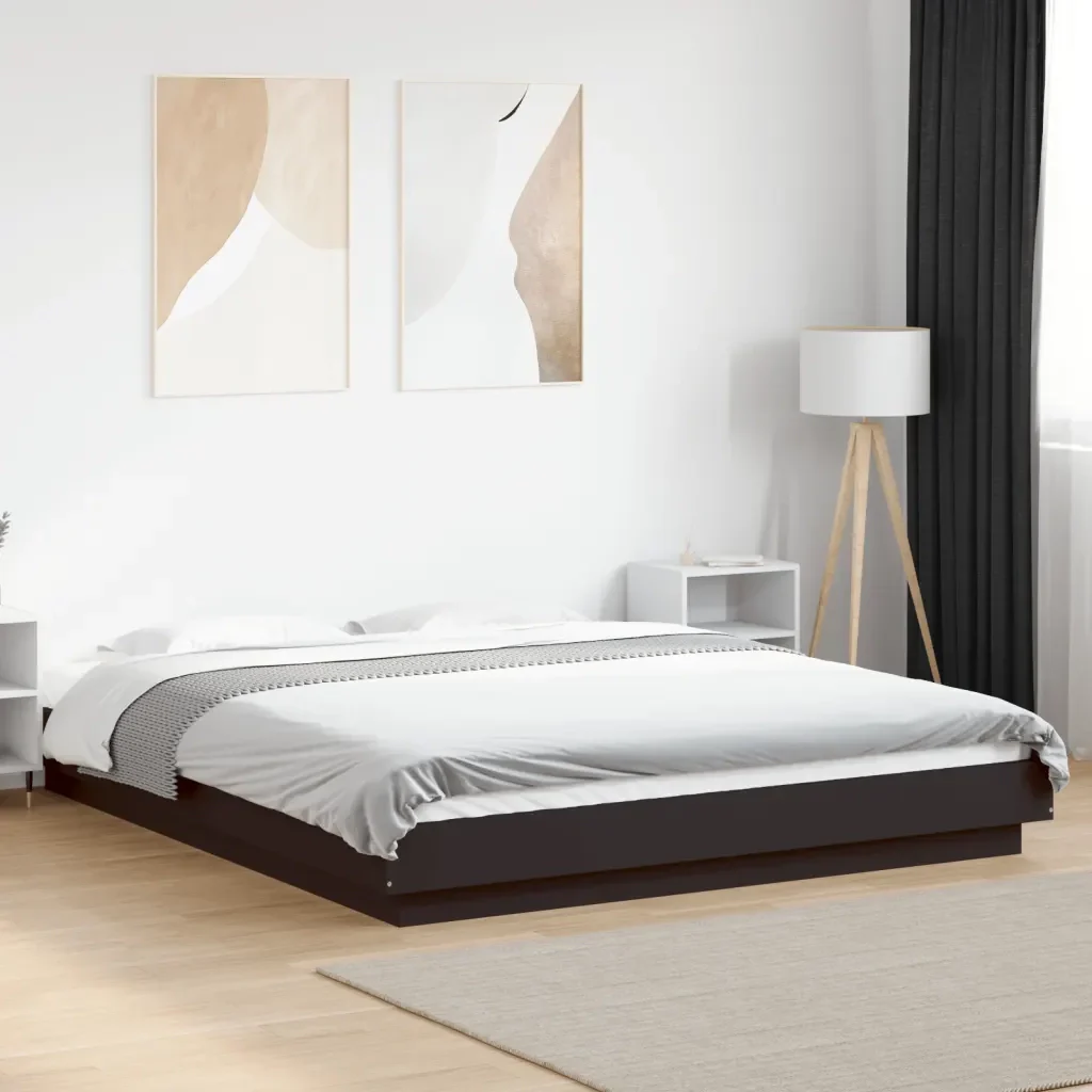 Letto matrimoniale | Letto per adulti | Giroletto con Luci LED Nero 150x200 cm in Legno Multistrato - Image 2