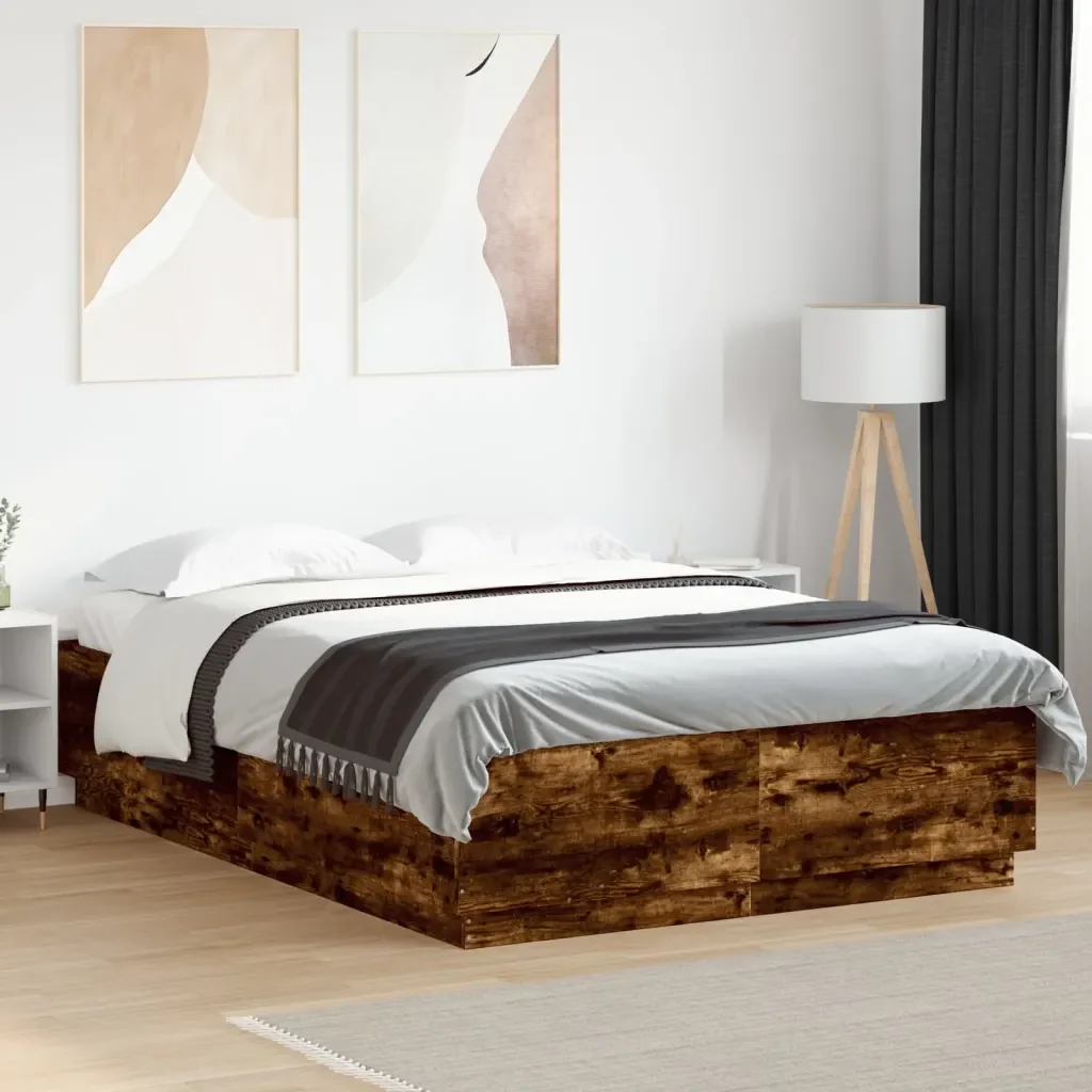 Letto matrimoniale | Letto per adulti | Giroletto con Luci LED Rovere Fumo 120x200 cm Legno Multistrato - Image 2
