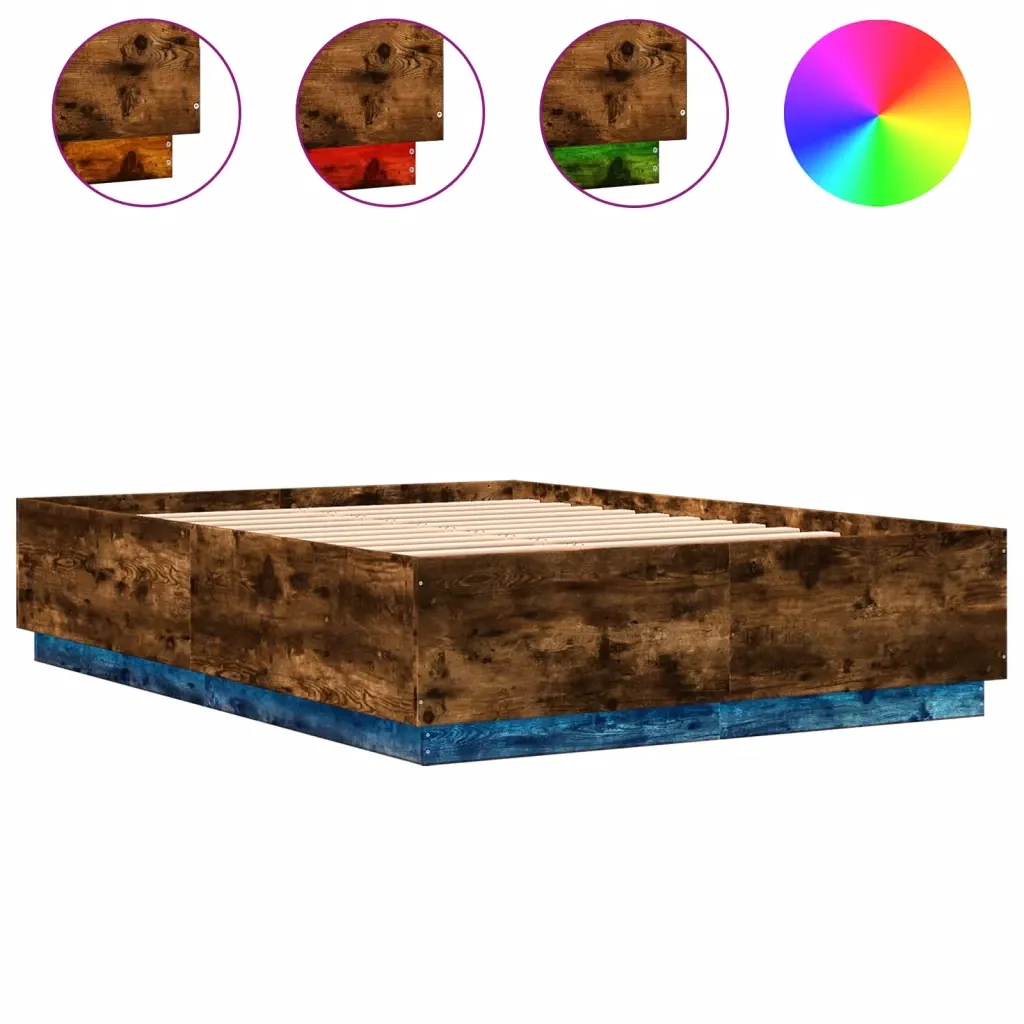 Letto matrimoniale | Letto per adulti | Giroletto con Luci LED Rovere Fumo 140x200 cm Legno Multistrato