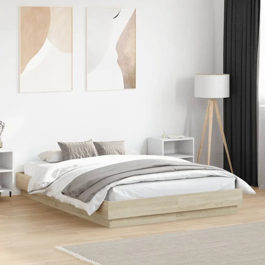 Letto matrimoniale | Letto per adulti | Giroletto con Luci LED Rovere Sonoma 135x190 cm - Image 2