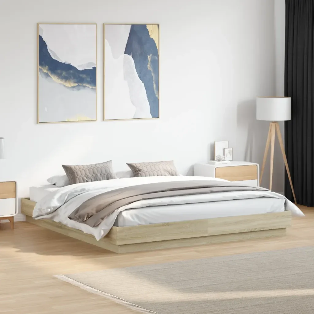 Letto matrimoniale | Letto per adulti | Giroletto con Luci LED Rovere Sonoma 200x200 cm - Image 2