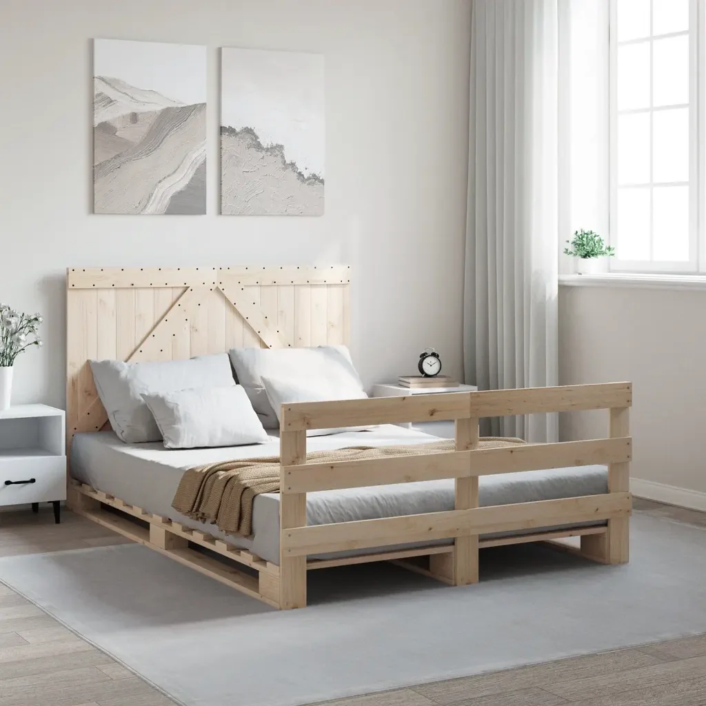 Letto matrimoniale | Letto per adulti | Giroletto con Testiera 140x200 cm in Legno Massello di Pino - Image 2
