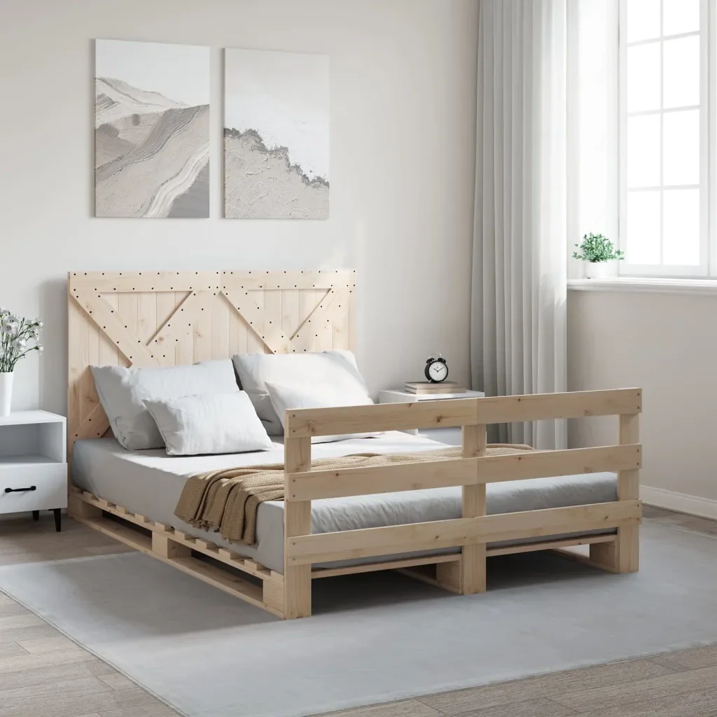 Letto matrimoniale | Letto per adulti | Giroletto con Testiera 140x200 cm in Legno Massello di Pino - Image 2