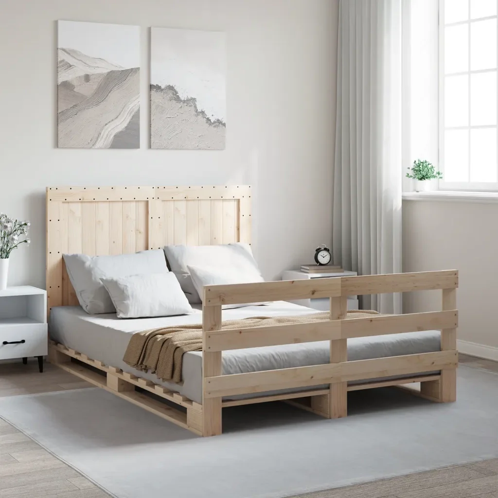 Letto matrimoniale | Letto per adulti | Giroletto con Testiera 140x200 cm in Legno Massello di Pino - Image 2