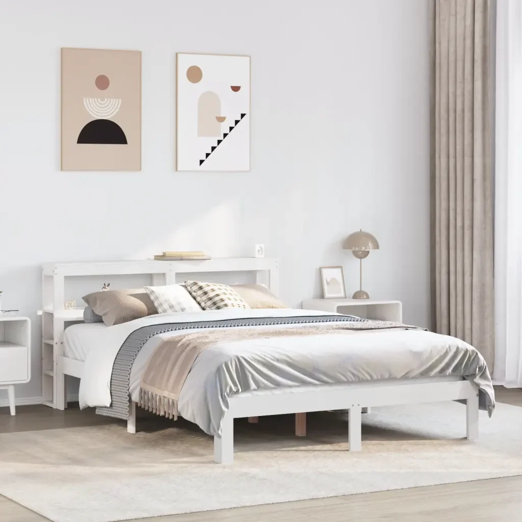 Letto matrimoniale | Letto per adulti | Giroletto con Testiera Bianco 120x190 cm Legno Massello di Pino - Image 2