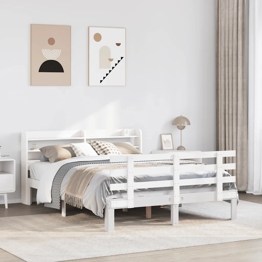 Letto matrimoniale | Letto per adulti | Giroletto con Testiera Bianco 120x190 cm Legno Massello di Pino - Image 2