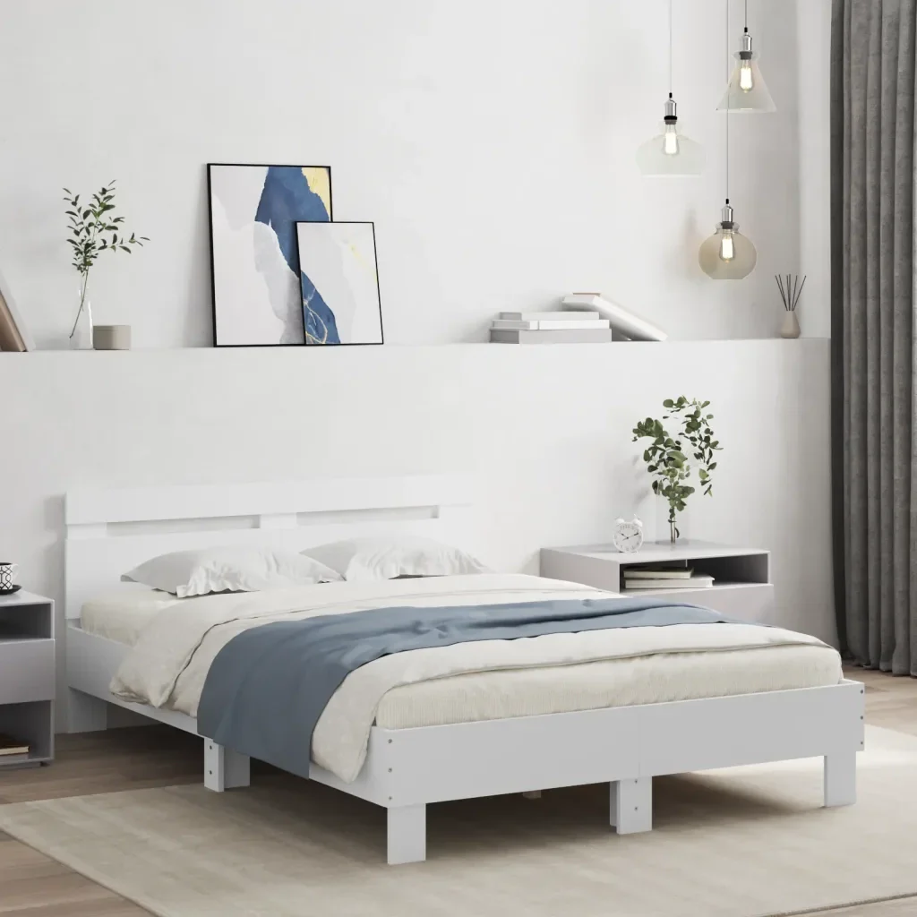 Letto matrimoniale | Letto per adulti | Giroletto con Testiera Bianco 135x190 cm in Legno Multistrato - Image 2