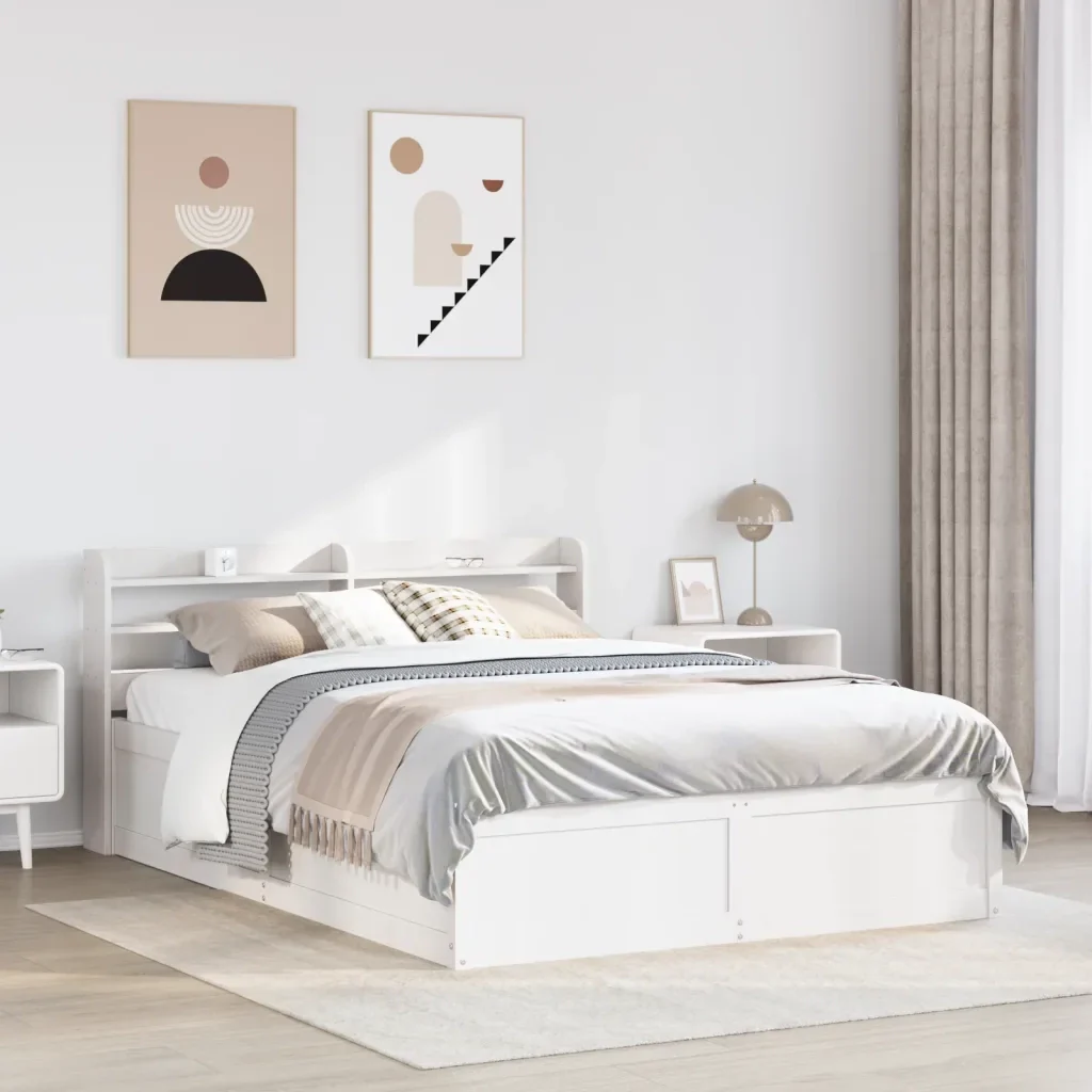 Letto matrimoniale | Letto per adulti | Giroletto con Testiera Bianco 135x190 cm Legno Massello di Pino - Image 4
