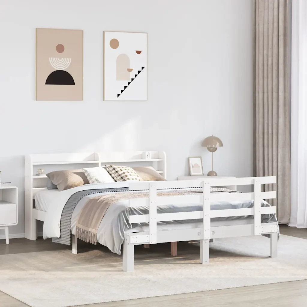 Letto matrimoniale | Letto per adulti | Giroletto con Testiera Bianco 135x190 cm Legno Massello di Pino - Image 2