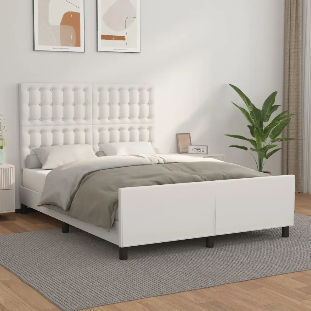 Letto matrimoniale | Letto per adulti | Giroletto con Testiera Bianco 140x200 cm in Similpelle - Image 2