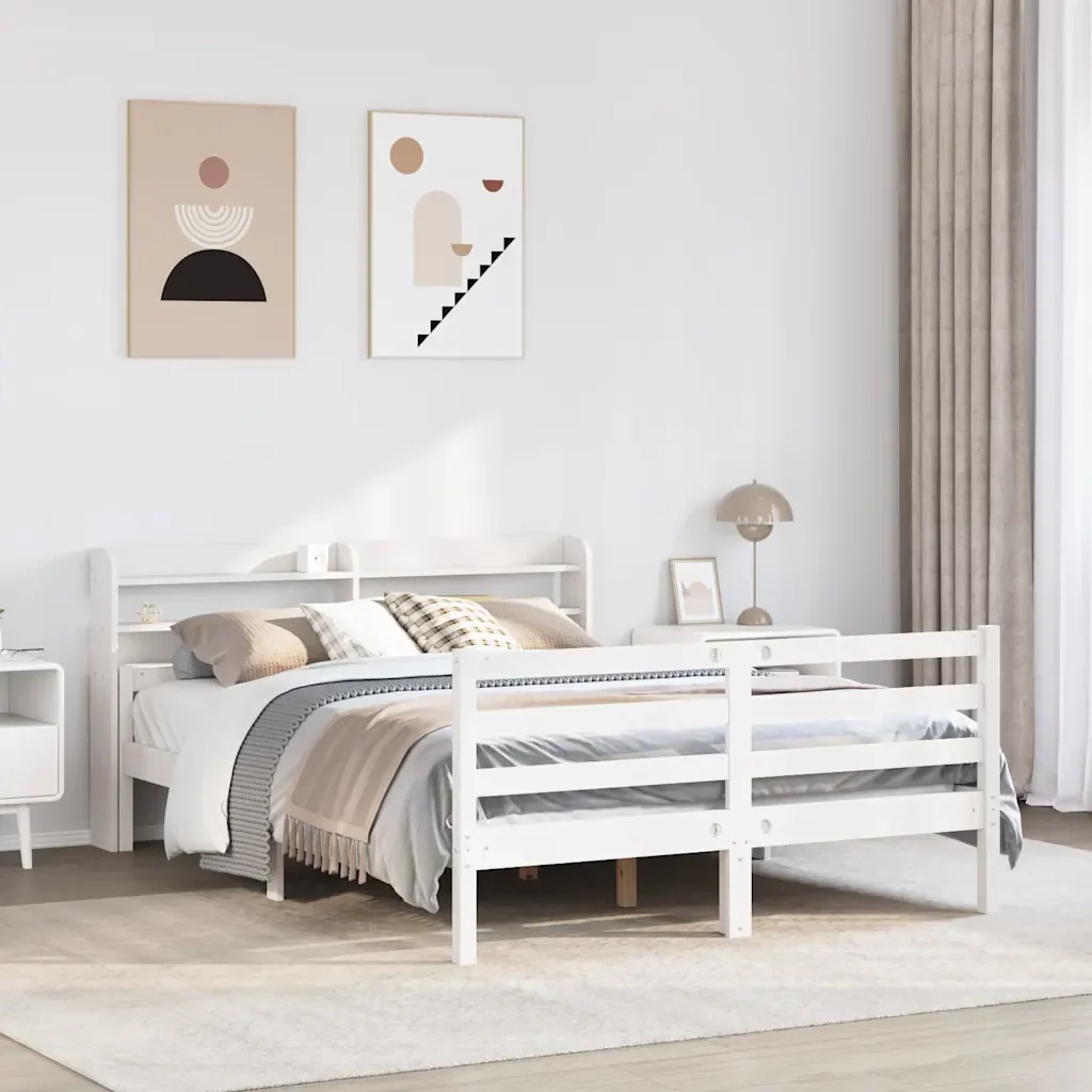 Letto matrimoniale | Letto per adulti | Giroletto con Testiera Bianco 150x200 cm Legno Massello di Pino - Image 2