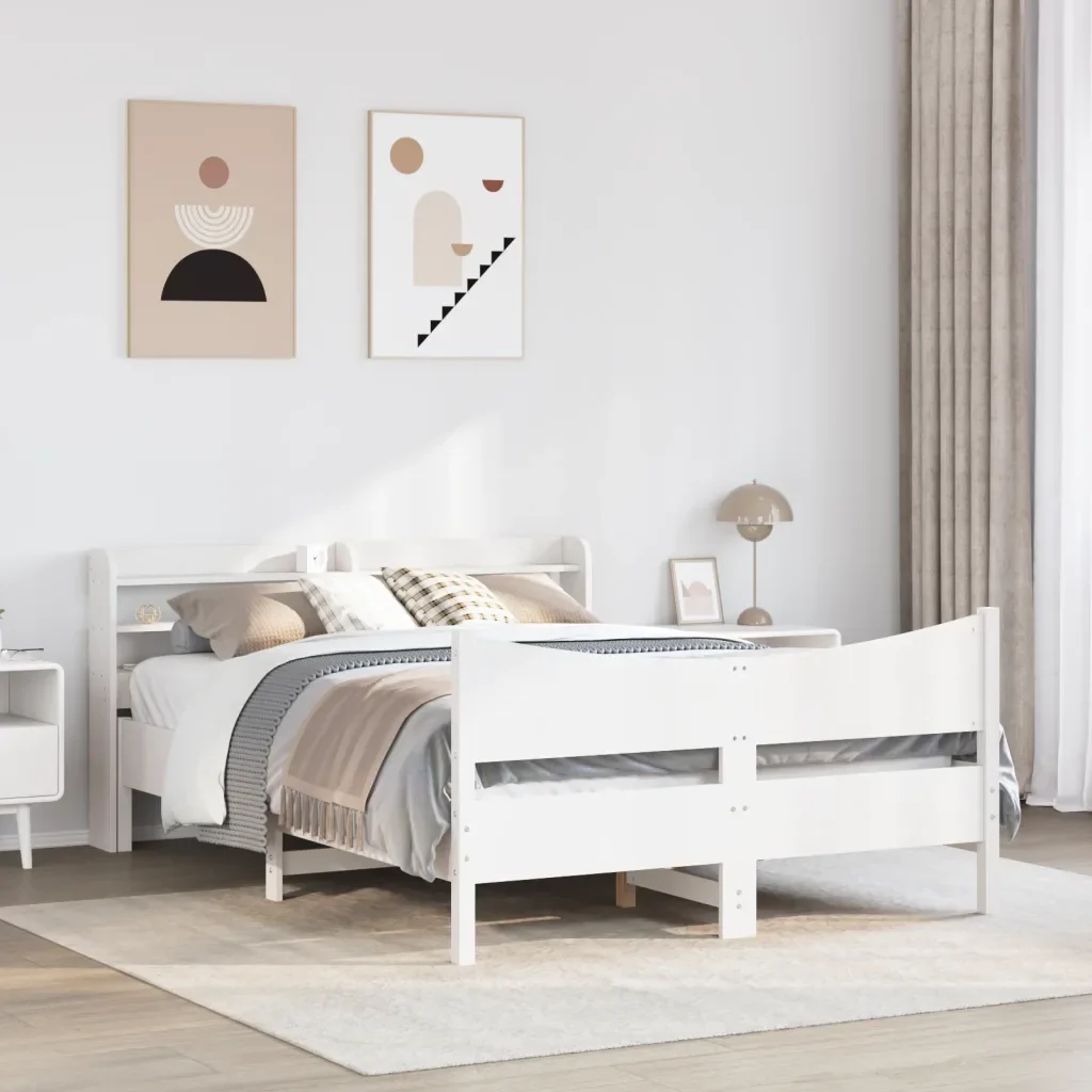 Letto matrimoniale | Letto per adulti | Giroletto con Testiera Bianco 160x200 cm Legno Massello di Pino - Image 3