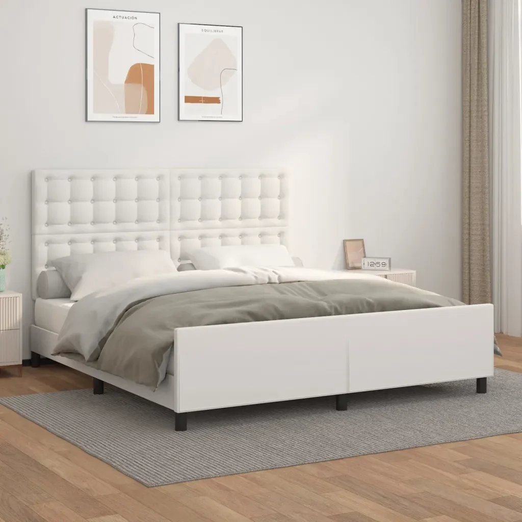 Letto matrimoniale | Letto per adulti | Giroletto con Testiera Bianco 180x200 cm in Similpelle - Image 2