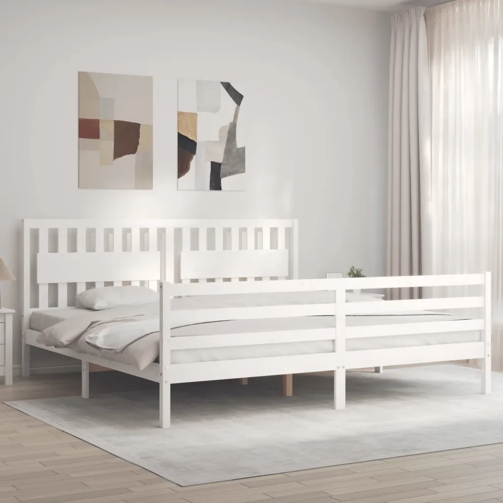 Letto matrimoniale | Letto per adulti | Giroletto con Testiera Bianco 200x200 cm in Legno Massello - Image 4