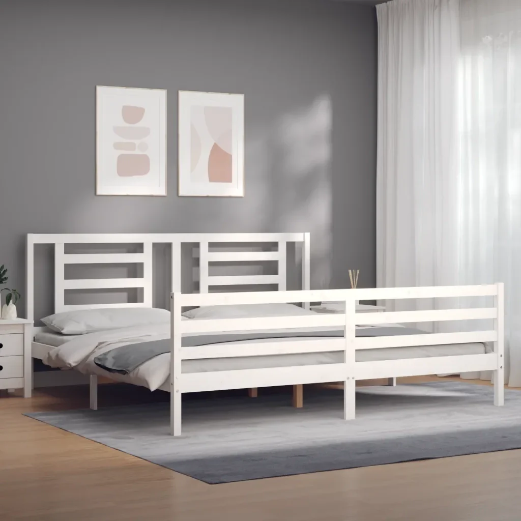 Letto matrimoniale | Letto per adulti | Giroletto con Testiera Bianco 200x200 cm in Legno Massello - Image 3