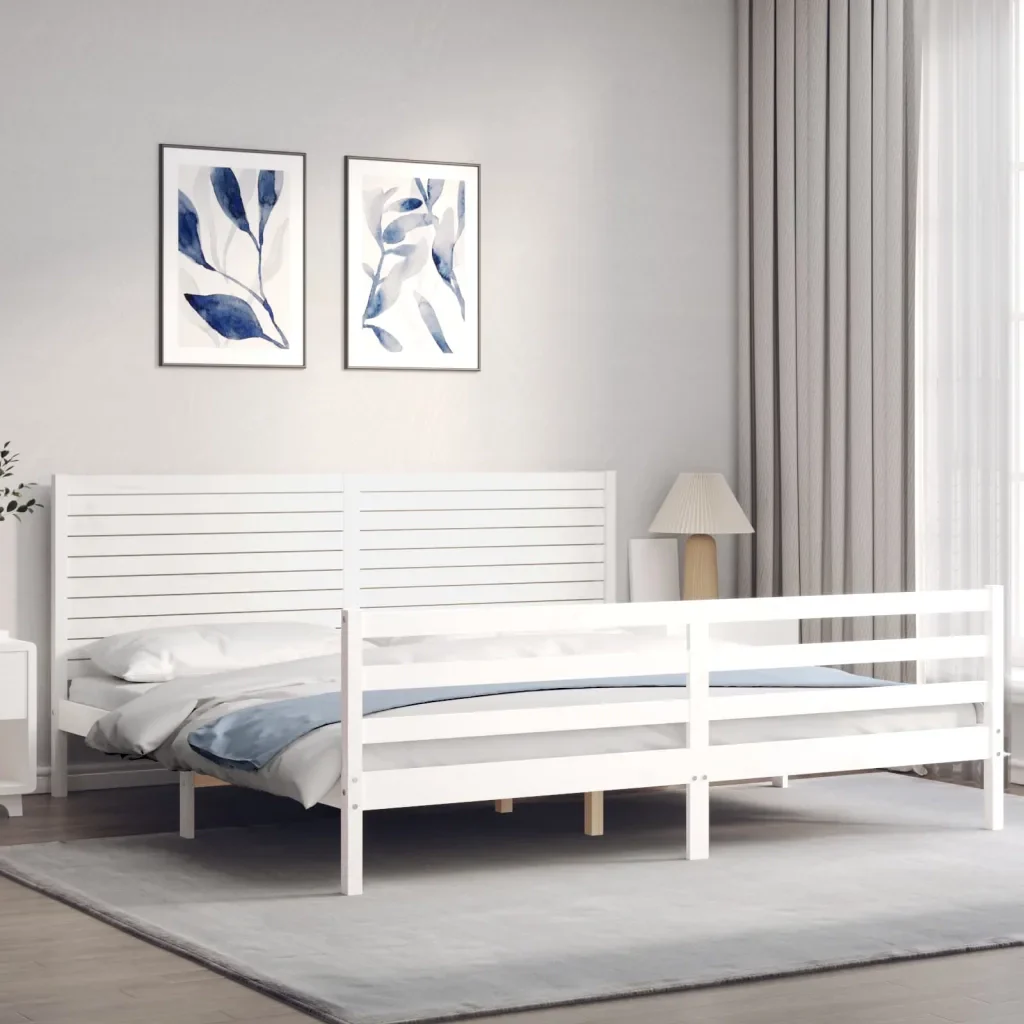 Letto matrimoniale | Letto per adulti | Giroletto con Testiera Bianco 200x200 cm in Legno Massello - Image 4