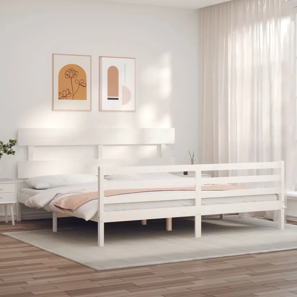 Letto matrimoniale | Letto per adulti | Giroletto con Testiera Bianco 200x200 cm in Legno Massello - Image 4