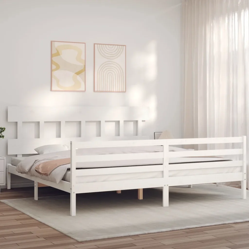 Letto matrimoniale | Letto per adulti | Giroletto con Testiera Bianco 200x200 cm in Legno Massello - Image 2
