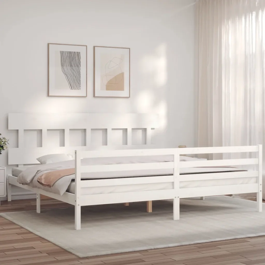 Letto matrimoniale | Letto per adulti | Giroletto con Testiera Bianco 200x200 cm in Legno Massello - Image 3