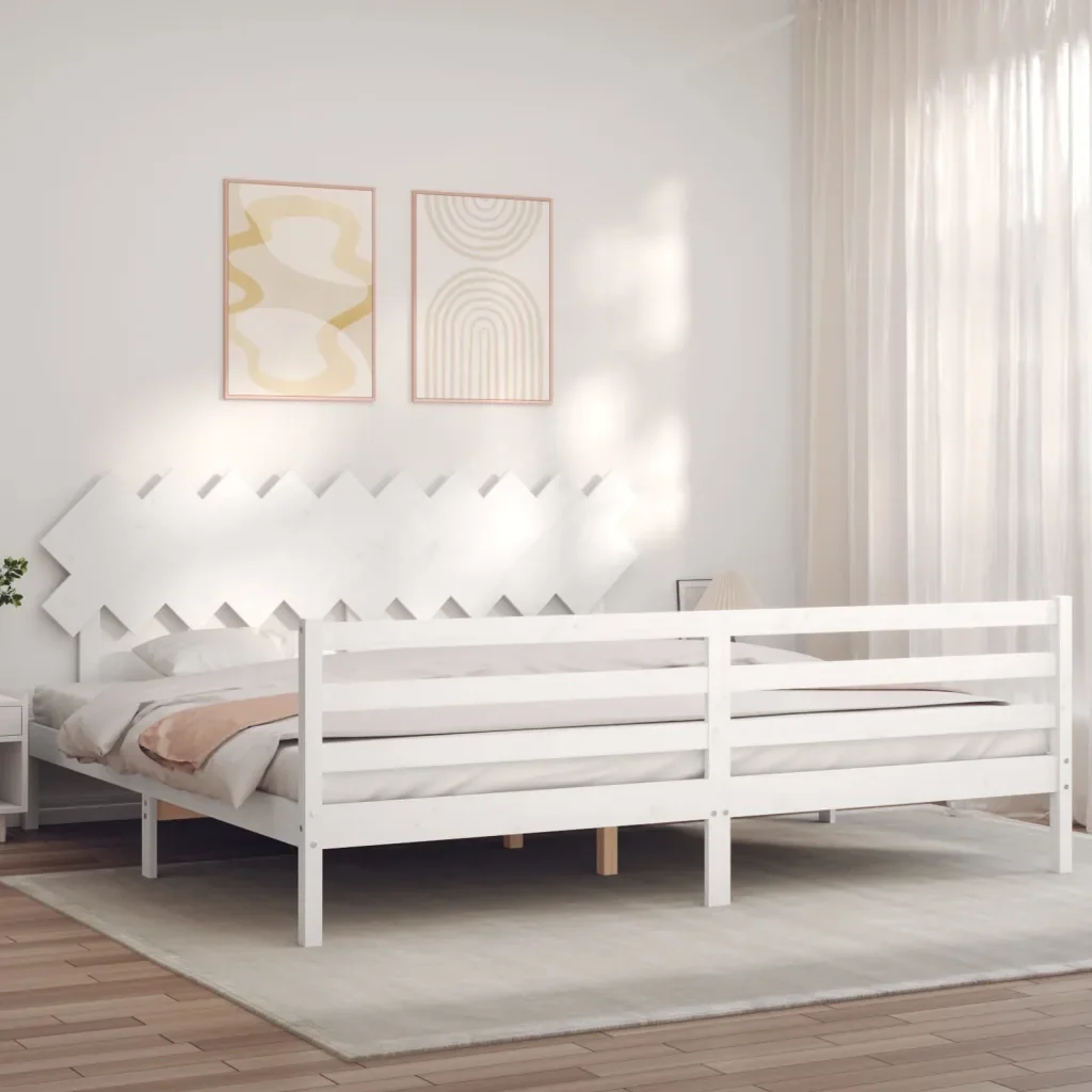 Letto matrimoniale | Letto per adulti | Giroletto con Testiera Bianco 200x200 cm in Legno Massello - Image 4