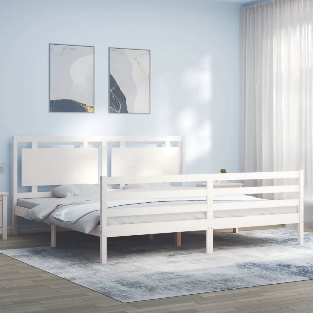 Letto matrimoniale | Letto per adulti | Giroletto con Testiera Bianco 200x200 cm in Legno Massello - Image 2