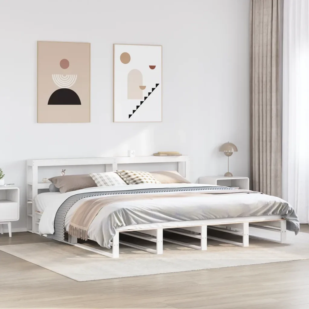Letto matrimoniale | Letto per adulti | Giroletto con Testiera Bianco 200x200 cm Legno Massello di Pino - Image 2