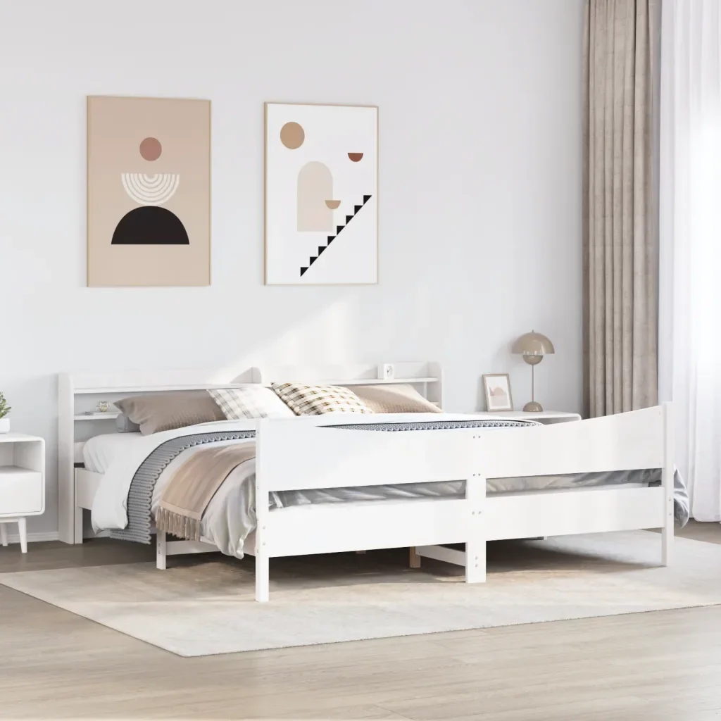 Letto matrimoniale | Letto per adulti | Giroletto con Testiera Bianco 200x200 cm Legno Massello di Pino - Image 3