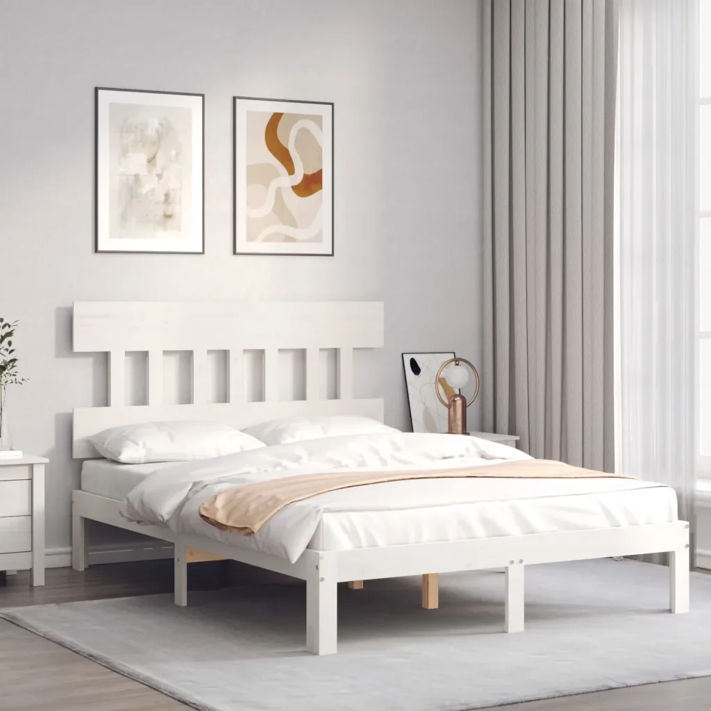 Letto matrimoniale | Letto per adulti | Giroletto con Testiera Bianco Small Double Legno Massello - Image 3