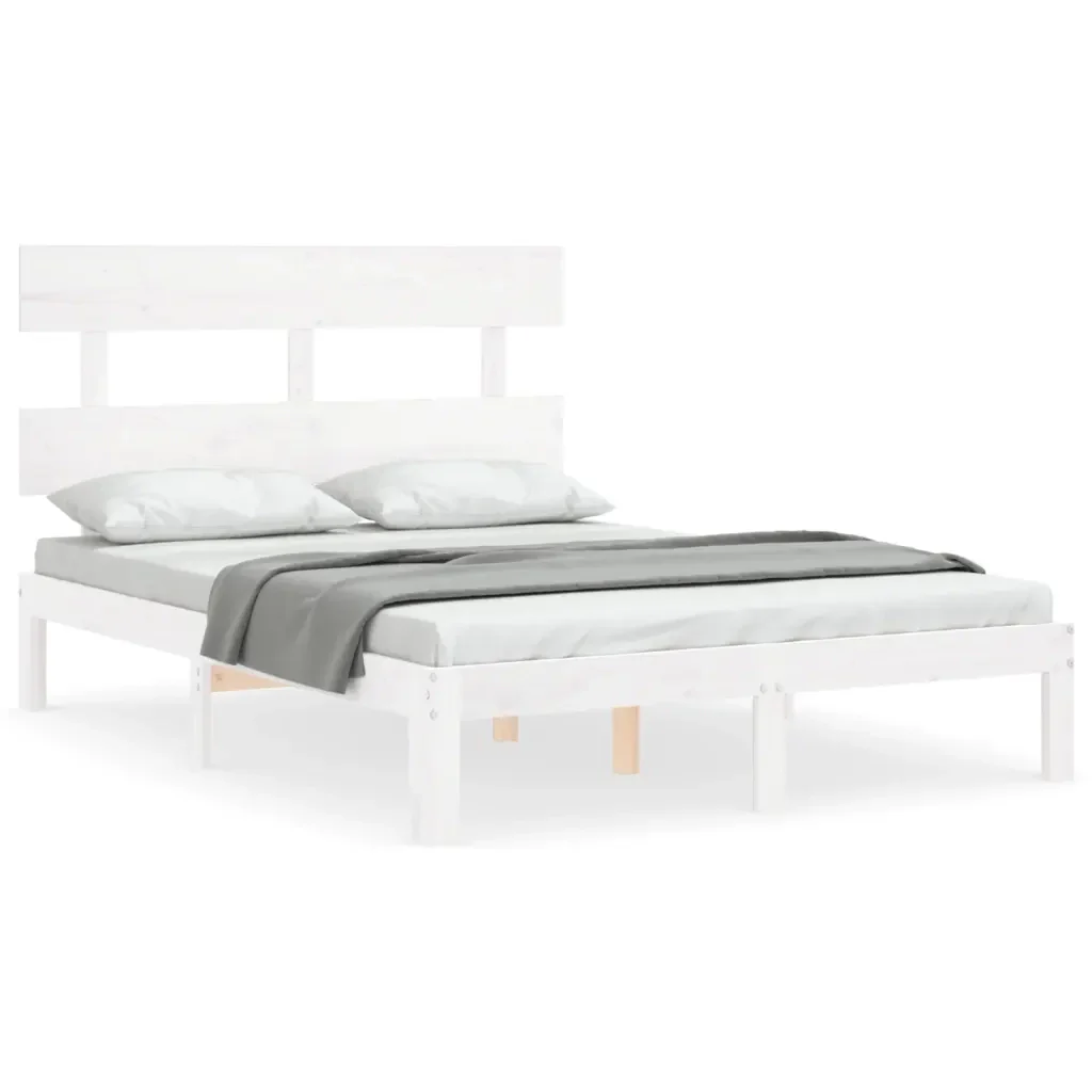 Letto matrimoniale | Letto per adulti | Giroletto con Testiera Bianco Small Double Legno Massello