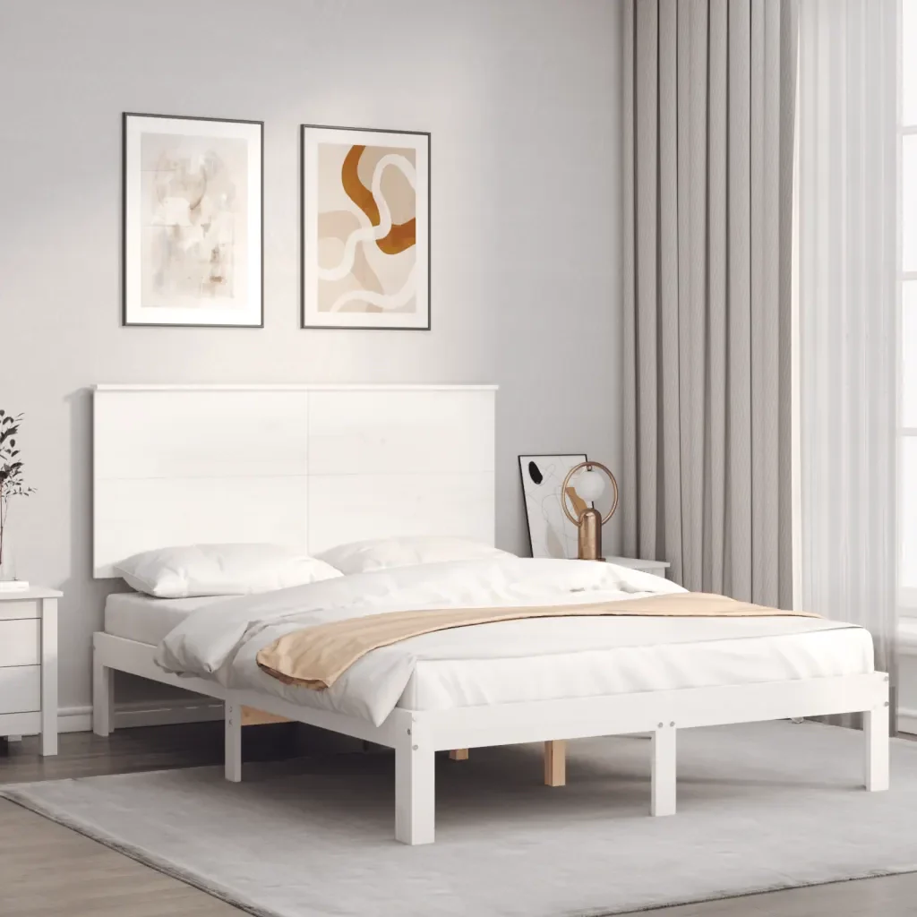 Letto matrimoniale | Letto per adulti | Giroletto con Testiera Bianco Small Double Legno Massello - Image 2