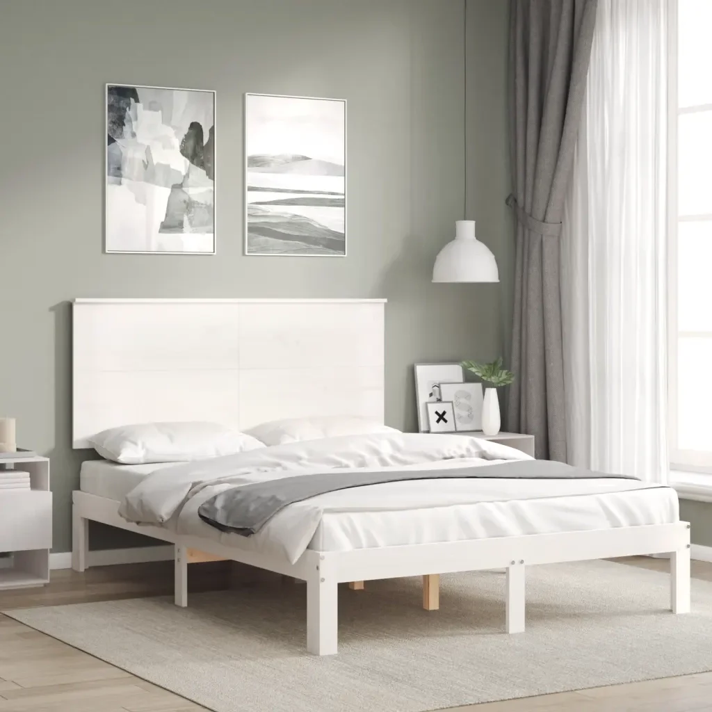 Letto matrimoniale | Letto per adulti | Giroletto con Testiera Bianco Small Double Legno Massello - Image 4