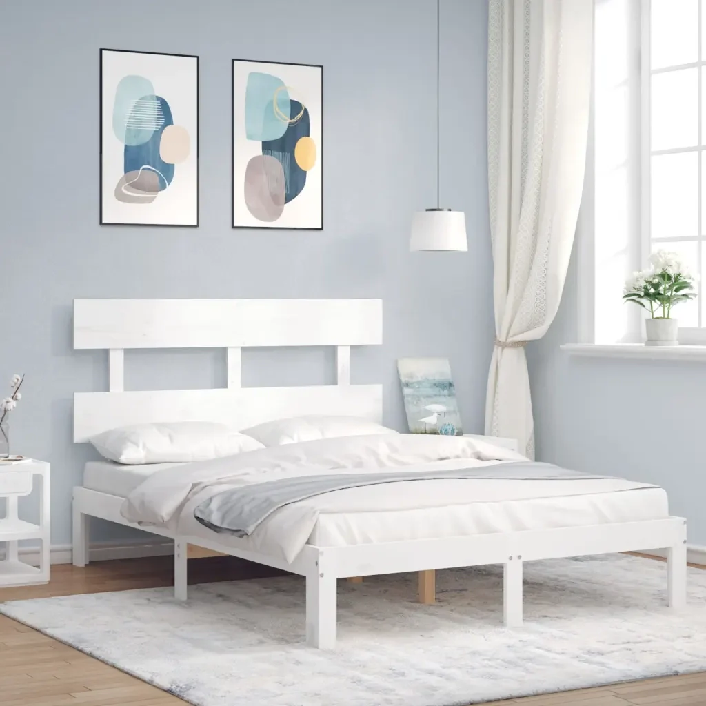 Letto matrimoniale | Letto per adulti | Giroletto con Testiera Bianco Small Double Legno Massello - Image 2