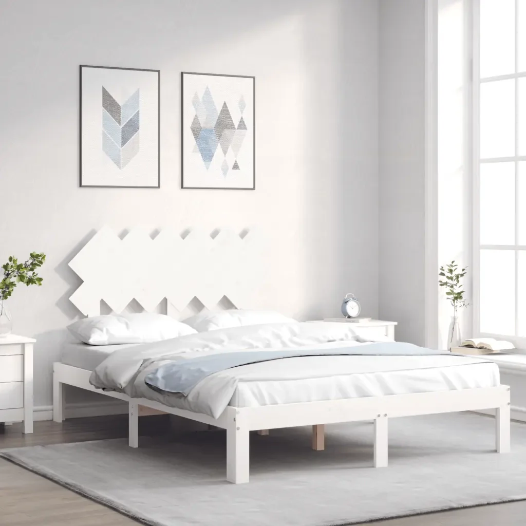 Letto matrimoniale | Letto per adulti | Giroletto con Testiera Bianco Small Double Legno Massello - Image 2