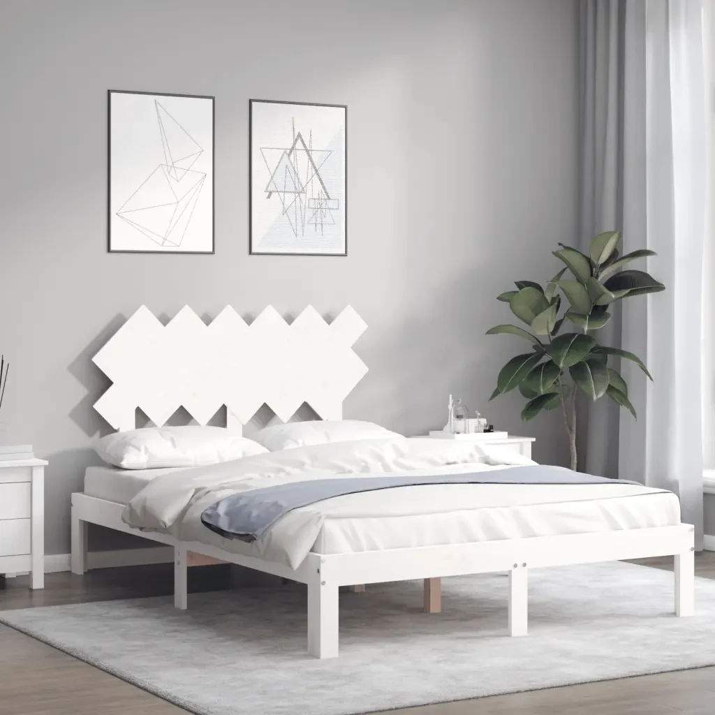 Letto matrimoniale | Letto per adulti | Giroletto con Testiera Bianco Small Double Legno Massello - Image 3