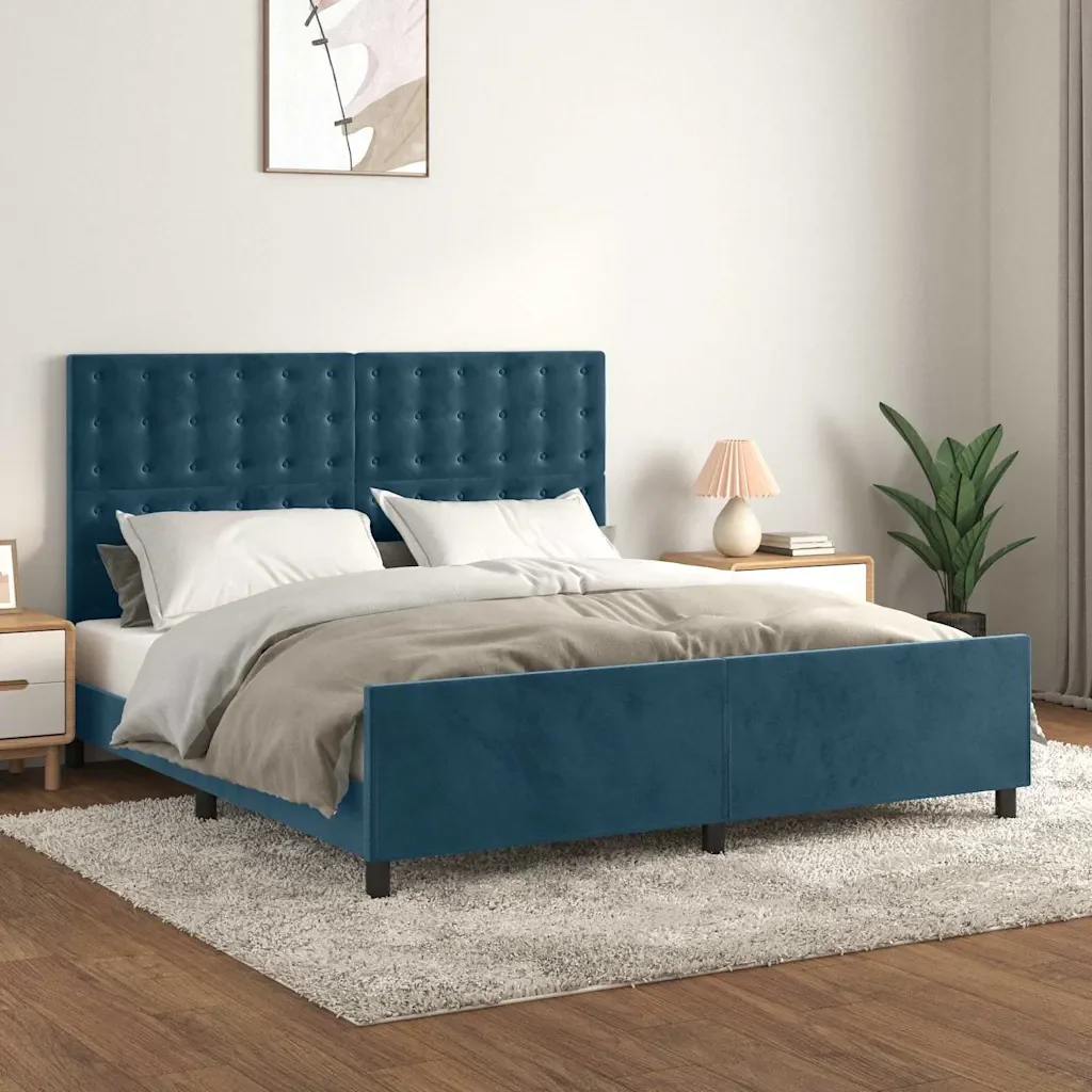 Letto matrimoniale | Letto per adulti | Giroletto con Testiera Blu Scuro 180x200 cm in Velluto - Image 2