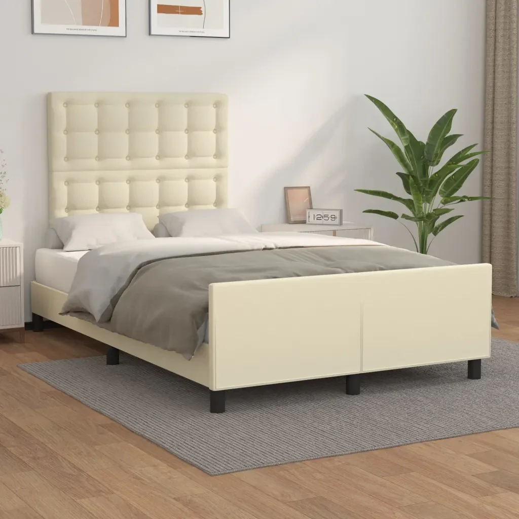 Letto matrimoniale | Letto per adulti | Giroletto con Testiera Crema 120x200 cm in Similpelle - Image 2