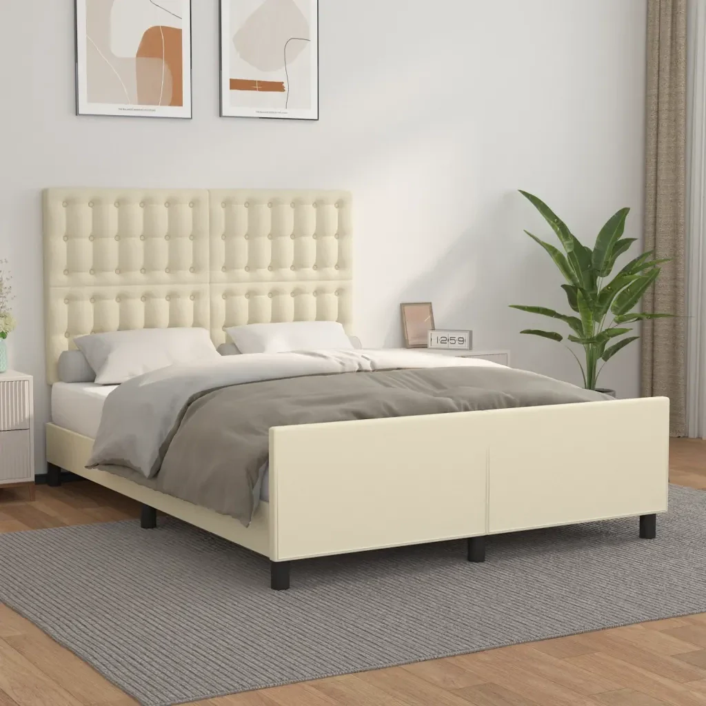 Letto matrimoniale | Letto per adulti | Giroletto con Testiera Crema 140x200 cm in Similpelle - Image 2