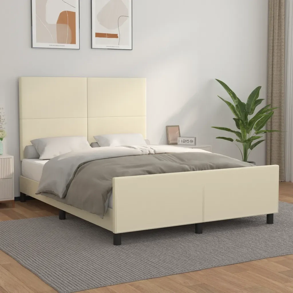 Letto matrimoniale | Letto per adulti | Giroletto con Testiera Crema 140x200 cm in Similpelle - Image 2