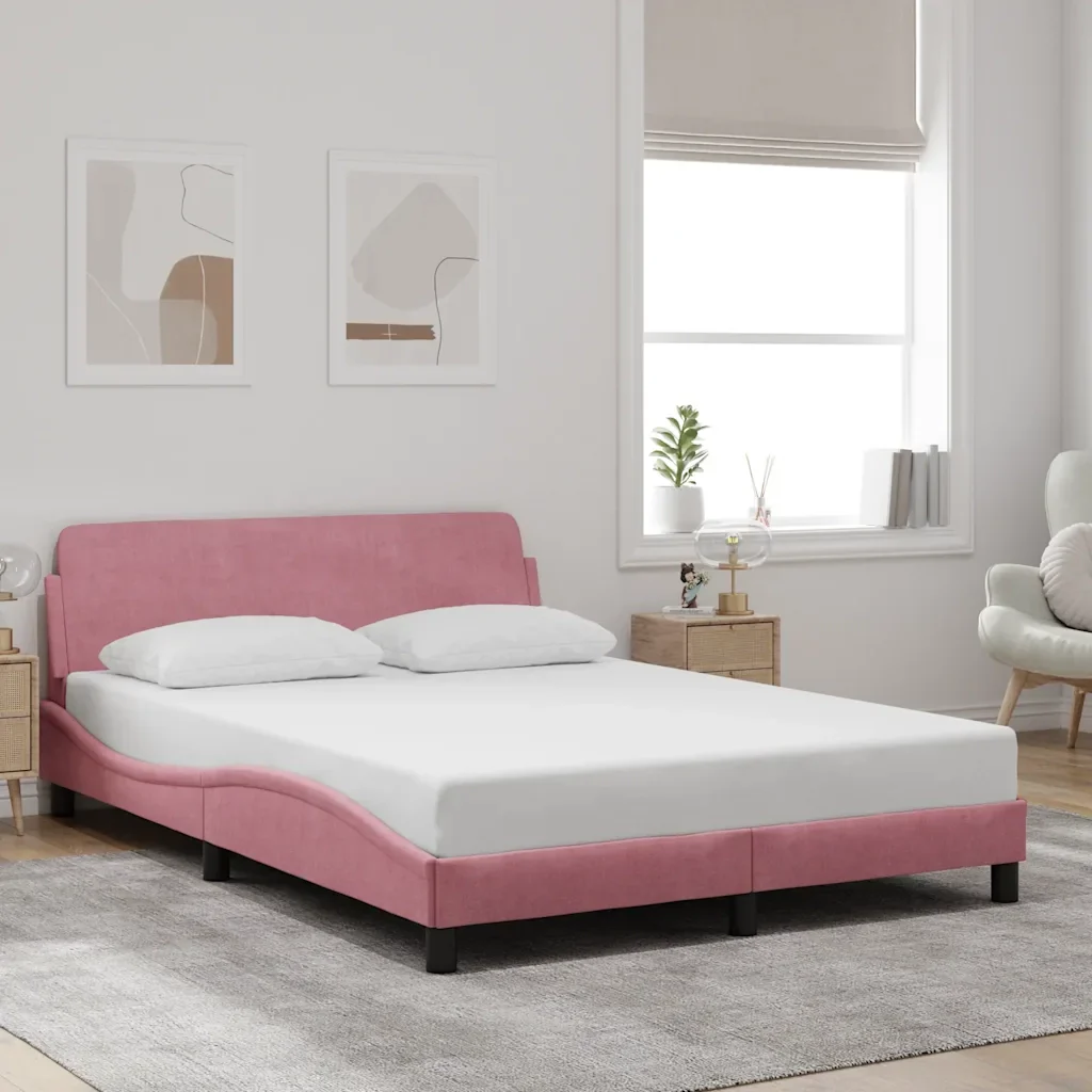Letto matrimoniale | Letto per adulti | Giroletto con Testiera Dover Rosa 120x200 cm Velluto - Image 2