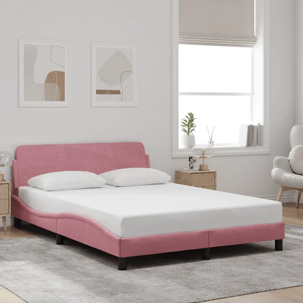 Letto matrimoniale | Letto per adulti | Giroletto con Testiera Dover Rosa 140x200 cm Velluto - Image 2