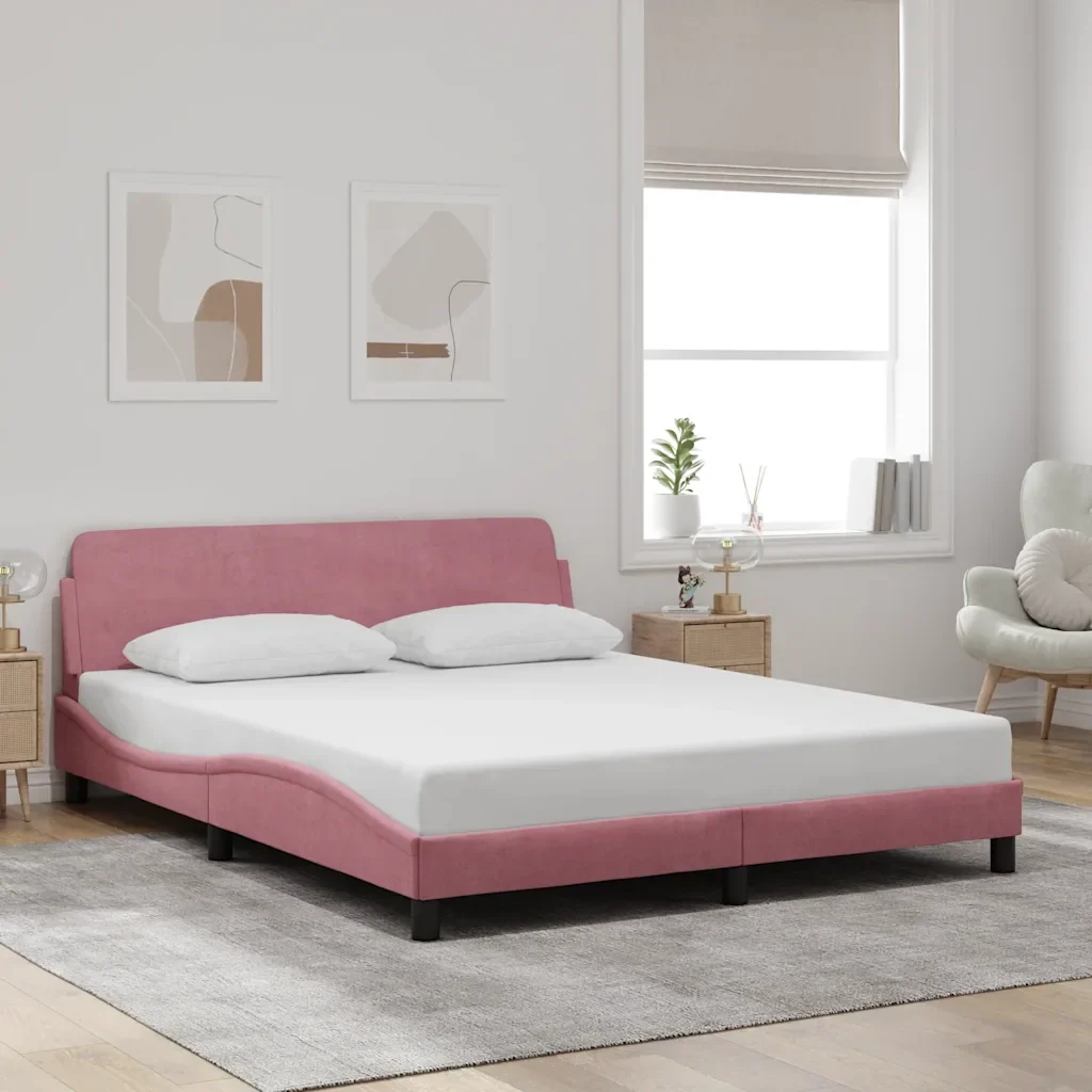 Letto matrimoniale | Letto per adulti | Giroletto con Testiera Dover Rosa 160x200 cm Velluto - Image 2