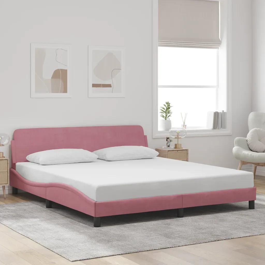 Letto matrimoniale | Letto per adulti | Giroletto con Testiera Dover Rosa 180x200 cm Velluto - Image 2