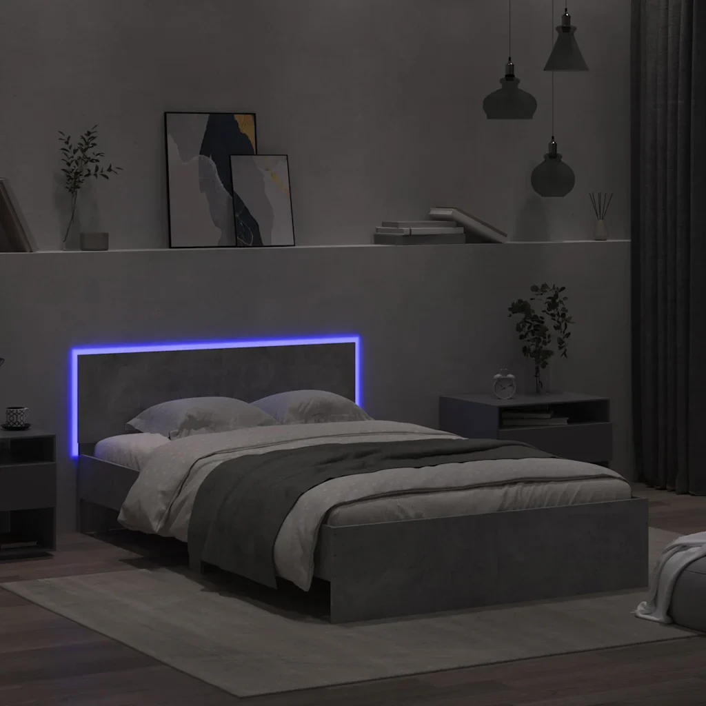 Letto matrimoniale | Letto per adulti | Giroletto con Testiera e LED Grigio Cemento 135x190 cm - Image 4