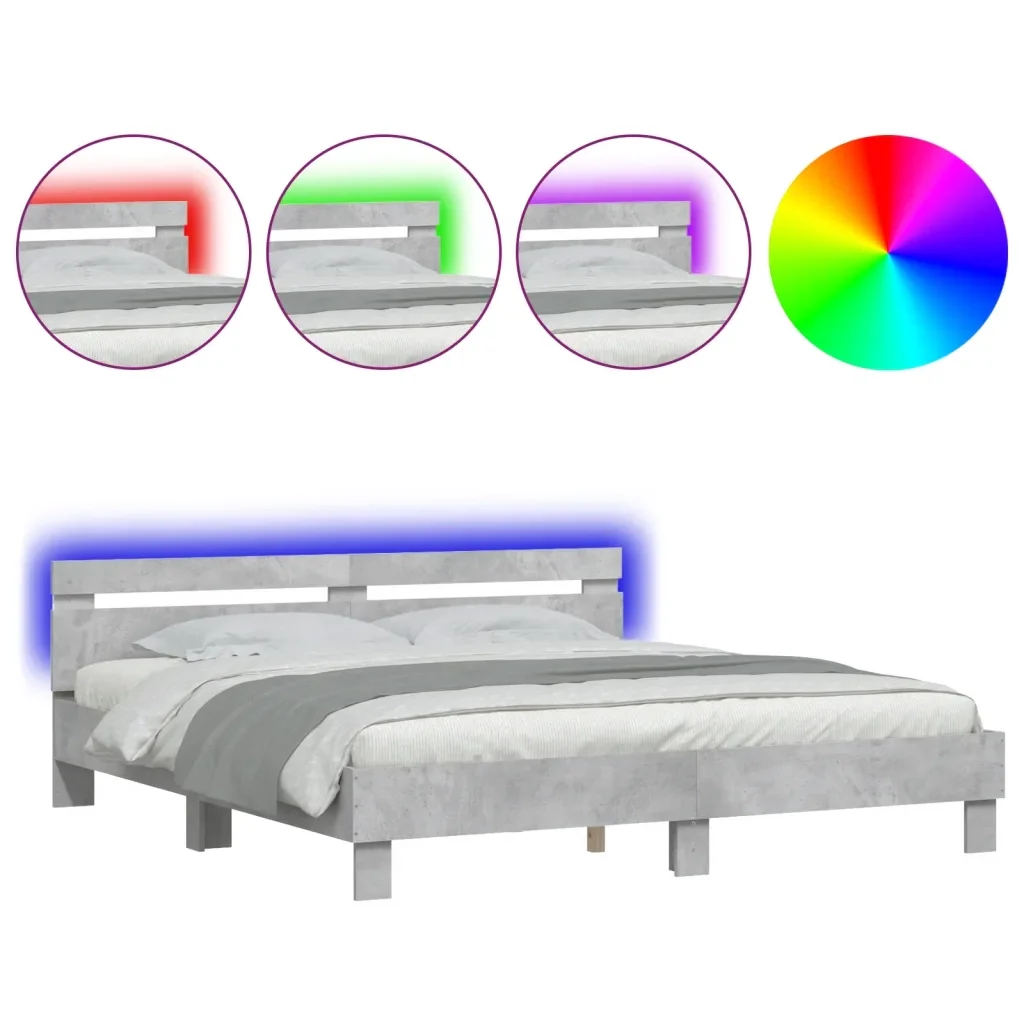 Letto matrimoniale | Letto per adulti | Giroletto con Testiera e LED Grigio Cemento 200x200 cm